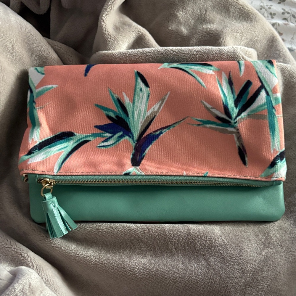 Rachel Pally Pink and Green Reversible Floral Clutch